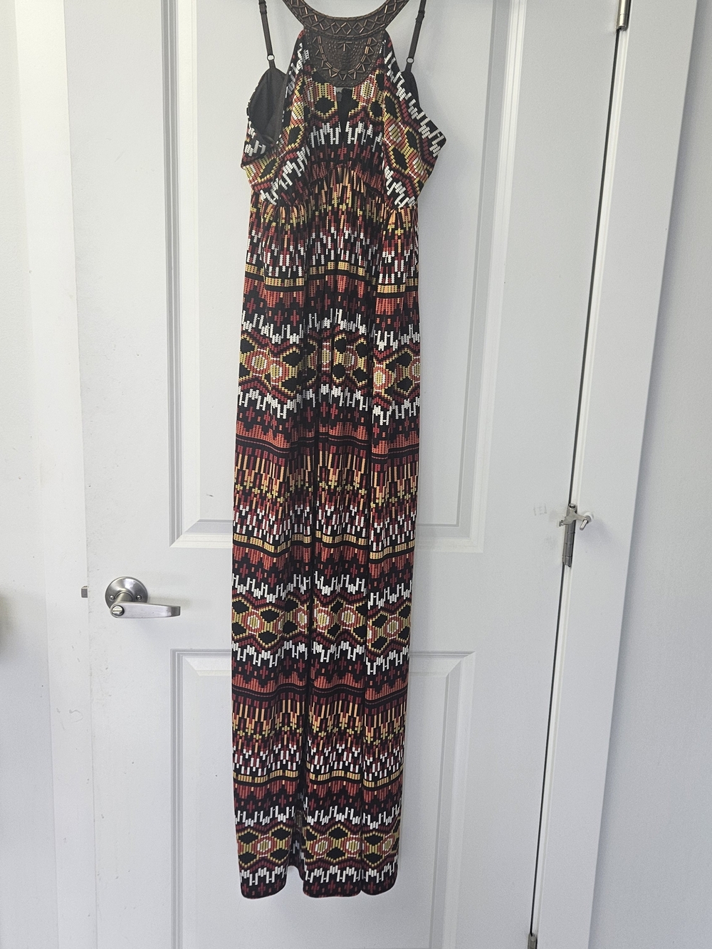 Max & Cleo Black Tribal Print Halter Maxi Dress with Red & Gold Accents